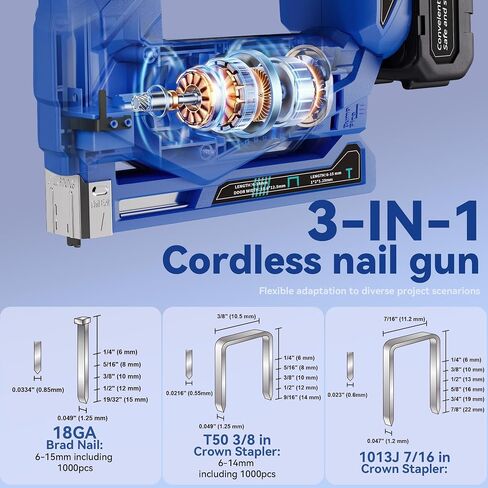 Electric Staple Gun, 3/8" Cordless Brad Nailer,2 in 1 Brushless Nail Gun/Staple Gun with 1000 Nails and 1000 Staples（T50、J10）, Cordless Fix Nailer 2 Mode - Single Firing and Contact Firing in Saudi Arabia