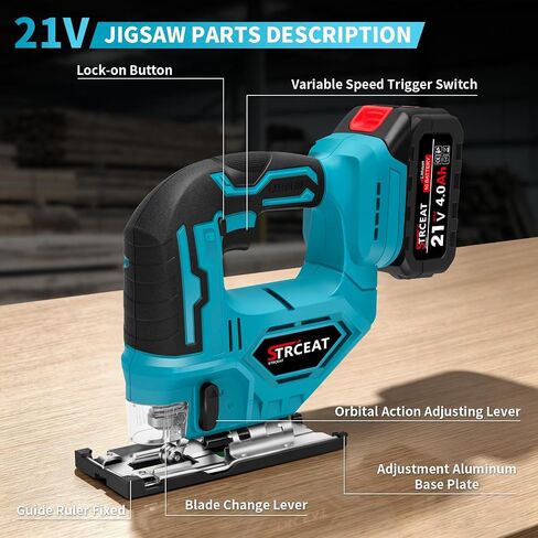 21V Cordless Jigsaw Tool, Electric Jig Saw with 2× 2.0Ah Batteries, 0°-45° Bevel Cuts, 4 Orbital Settings for Wood Cutting, 2800SPM Variable Speed, Mini Jigsaw for Straight/Curve/Circle Cutting (Blue) in Kuwait