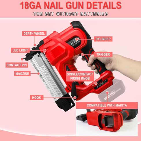18GA Cordless Nail Gun and Stapler, 2-in-1 Brad Nailer, No Battery | Works with 18GA Brad Nails 3/4"-2", Tool-Free Depth Control, Compatible with Makita Battery, for Trim, Baseboards Upholstery in Kuwait