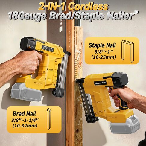 1-1/4" 18 Gauge Brad Nail Gun Compatible with Dewalt 20V MAX Battery(NO Battery), 2 in 1 Cordless Brad Nailer for Crown Staple, 2 Mode, Electric Nail Gun for Wood, Trim Work, DIY (Black and Yellow) in Kuwait
