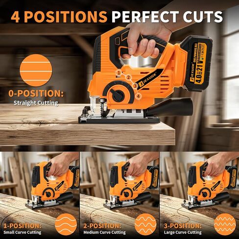 JEXUGK Cordless Jigsaw, 21V Power Jig Saw with 2 x 4.0Ah Batteries, 4 Orbital Settings, ±45° Bevel Cuts, 3200 RPM Variable Speed Jigsaw Tool with 12 Blades, Jigsaw Cutter for Wood Metal Cutting in Kuwait