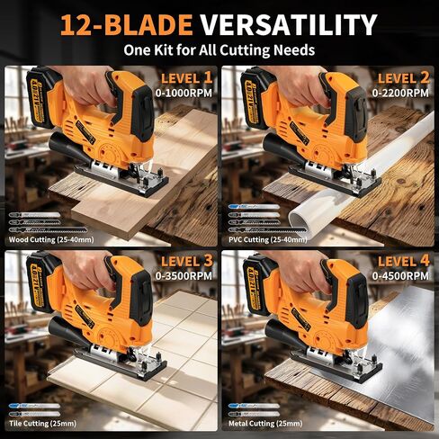 JEXUGK Cordless Jigsaw, 21V Power Jig Saw with 2 x 4.0Ah Batteries, 4 Orbital Settings, ±45° Bevel Cuts, 3200 RPM Variable Speed Jigsaw Tool with 12 Blades, Jigsaw Cutter for Wood Metal Cutting in Kuwait