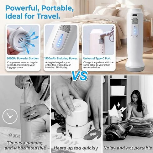 Cordless Electric Vacuum Pump, for Storage Bags, 6000Pa Suction | Handheld Travel Air Pump, USB Rechargeable Mini Air Compressor, for Vacuum Storage Bags, Home & Luggage Packing in Kuwait