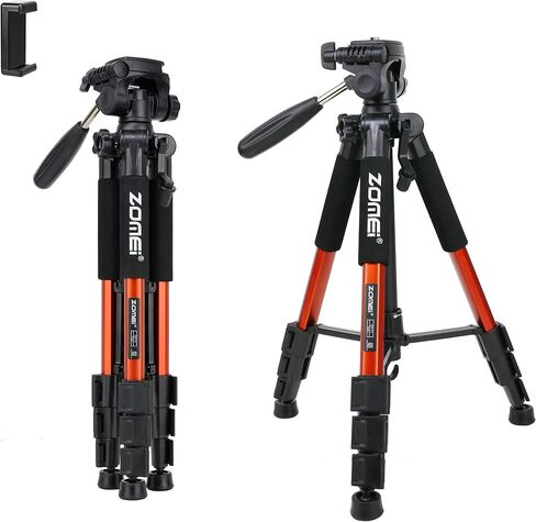 حامل ثلاثي للكاميرا صغير الحجم وخفيف الوزن للسفر من الألومنيوم Q111 مقاس 55 بوصة لكاميرا Canon Nikon Sony DSLR وهاتف YouTube مع حقيبة حمل (برتقالي) in Kuwait