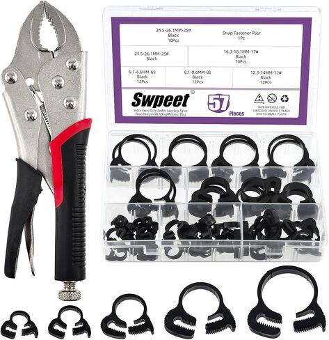 Swpeet 57Pcs 5 Size Heavy Duty Double Snap Grip Nylon Hose Clamps and 7" Curved Jaw Locking Pliers Assortment Kit, Adjustable Ratcheting Hose Clamp, Vice Grips Pliers, Snap Fastener in Kuwait