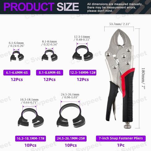 Swpeet 57Pcs 5 Size Heavy Duty Double Snap Grip Nylon Hose Clamps and 7" Curved Jaw Locking Pliers Assortment Kit, Adjustable Ratcheting Hose Clamp, Vice Grips Pliers, Snap Fastener in Kuwait