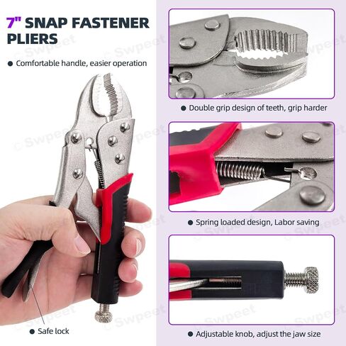 Swpeet 57Pcs 5 Size Heavy Duty Double Snap Grip Nylon Hose Clamps and 7" Curved Jaw Locking Pliers Assortment Kit, Adjustable Ratcheting Hose Clamp, Vice Grips Pliers, Snap Fastener in Kuwait
