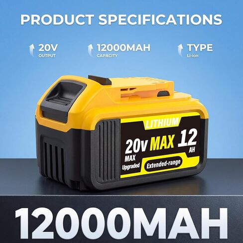 2-Pack 12000mAh High-Capacity Replacement for Dewalt 20V MAX Battery, Compatible with Dewalt 20V Lithium Battery DCB200 DCB201 DCB203 DCB204 DCB205 DCB206 DCB207 Series Cordless Power Tools in Kuwait