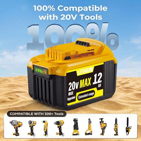 2-Pack 12000mAh High-Capacity Replacement for Dewalt 20V MAX Battery, Compatible with Dewalt 20V Lithium Battery DCB200 DCB201 DCB203 DCB204 DCB205 DCB206 DCB207 Series Cordless Power Tools in Kuwait