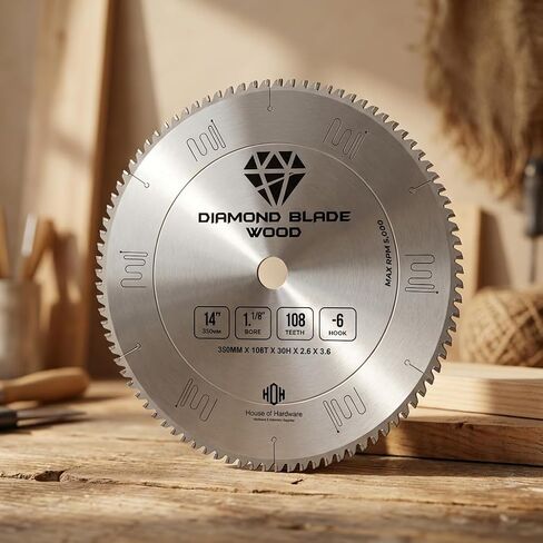 Diamond Blade Wood 14" (350mm) Industrial Carbide Sliding Table Saw Blade, 108T, -6° Negative Hook, 30mm Bore (1-1/8"), 3.6mm Heavy Kerf - Melamine, Laminate, Non-Ferrous - SCM, Altendorf, Felder in Kuwait