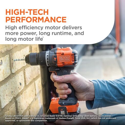 BLACK+DECKER 20V MAX POWERCONNECT Brushless Cordless ½-in. Hammer Drill Kit, Includes 2Ah Battery and Charger, Variable Speed, LED, 30000 BPM, 1900 RPM, Drills up to 23 Holes Per Charge (BLD783D1) in Kuwait