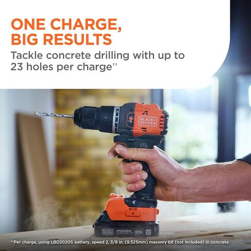 BLACK+DECKER 20V MAX POWERCONNECT Brushless Cordless ½-in. Hammer Drill Kit, Includes 2Ah Battery and Charger, Variable Speed, LED, 30000 BPM, 1900 RPM, Drills up to 23 Holes Per Charge (BLD783D1) in Kuwait