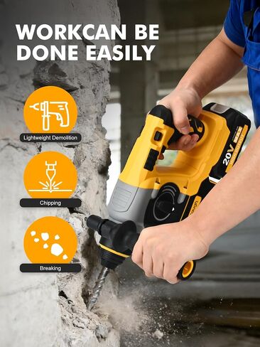 Cordless SDS Rotary Hammer Drill, 20V MAX, Brushless Motor, 2-Mode (Hammer/Drill), 18V Battery Adapter Design, Includes 2 Batteries, Great Value for Concrete Work in Kuwait