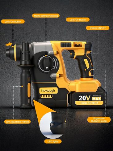 Cordless SDS Rotary Hammer Drill, 20V MAX, Brushless Motor, 2-Mode (Hammer/Drill), 18V Battery Adapter Design, Includes 2 Batteries, Great Value for Concrete Work in Kuwait