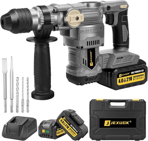 JEXUGK Cordless Rotary Hammer Drill, 21V Power Rotary Hammers with 2 x 4.0Ah Batteries, 4.5J Impact Brushless Concrete Drill with 3 Bits, Taladro Rotomartillo for Concrete Drilling & Home Renovation in Kuwait