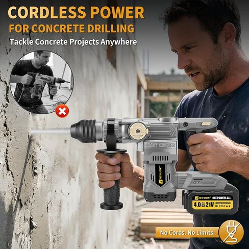 JEXUGK Cordless Rotary Hammer Drill, 21V Power Rotary Hammers with 2 x 4.0Ah Batteries, 4.5J Impact Brushless Concrete Drill with 3 Bits, Taladro Rotomartillo for Concrete Drilling & Home Renovation in Kuwait