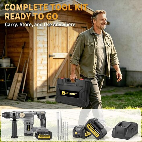 JEXUGK Cordless Rotary Hammer Drill, 21V Power Rotary Hammers with 2 x 4.0Ah Batteries, 4.5J Impact Brushless Concrete Drill with 3 Bits, Taladro Rotomartillo for Concrete Drilling & Home Renovation in Kuwait