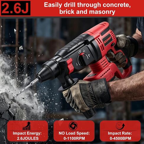 SDS-Plus Cordless Rotary Hammer Drill Compatible with Milwaukee M18 18V Battery, 4500BPM Jackhammer, Ideal for Concrete Breaking, Floor Tile Removal, Comes with 5 Drill Bits, Battery Not Included in Kuwait