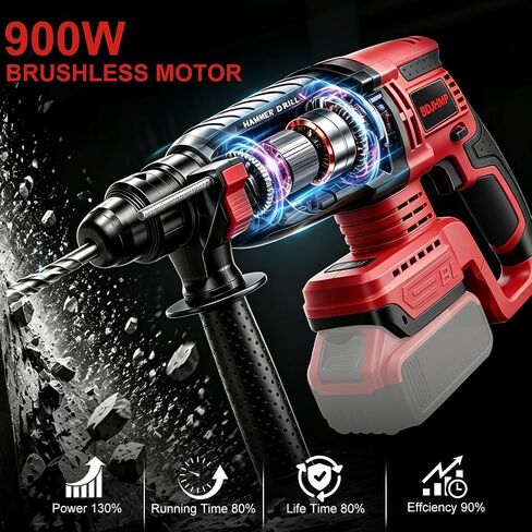 SDS-Plus Cordless Rotary Hammer Drill Compatible with Milwaukee M18 18V Battery, 4500BPM Jackhammer, Ideal for Concrete Breaking, Floor Tile Removal, Comes with 5 Drill Bits, Battery Not Included in Kuwait