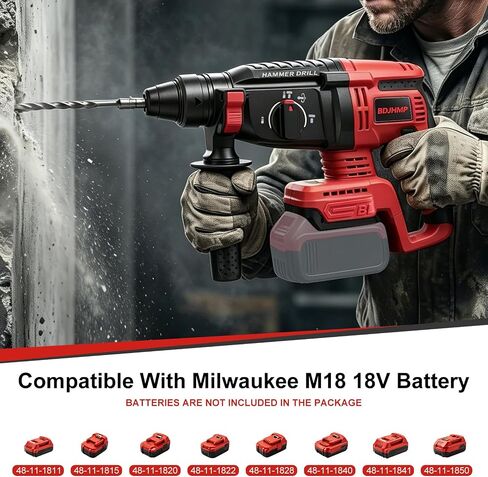 SDS-Plus Cordless Rotary Hammer Drill Compatible with Milwaukee M18 18V Battery, 4500BPM Jackhammer, Ideal for Concrete Breaking, Floor Tile Removal, Comes with 5 Drill Bits, Battery Not Included in Kuwait