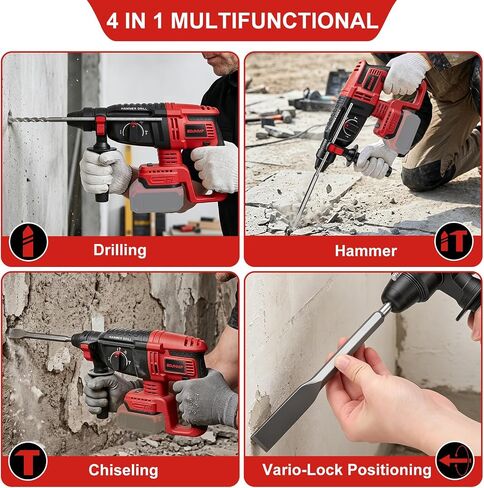 SDS-Plus Cordless Rotary Hammer Drill Compatible with Milwaukee M18 18V Battery, 4500BPM Jackhammer, Ideal for Concrete Breaking, Floor Tile Removal, Comes with 5 Drill Bits, Battery Not Included in Kuwait
