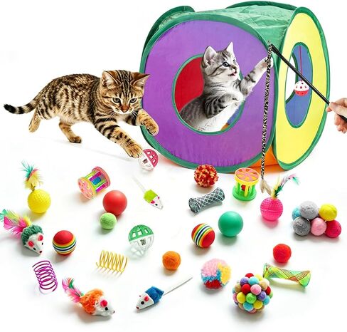 Retro Shaw Cat Toys Set 33 PCS, Interactive Cat Kitten Toys for Indoor Cats Kitty with Collapsible Cat Play Tunnel Tube Tent Cat Feather Wand Teaser Cat Bell Fuzzy Ball Springs Mouse Toys in Saudi Arabia
