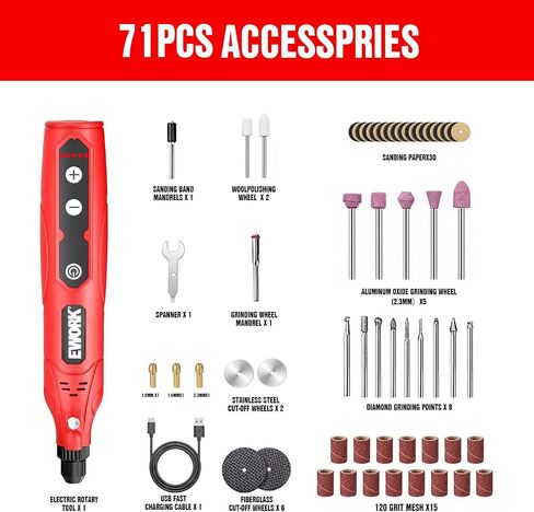 EWORK Mini Cordless Rotary Tool 5-Speed Rotary Tool Kit With 71 Accessories | Multi-Purpose 4V Power Rotary Tool With for Sanding, Engraving, Polishing, Drilling, Carving, DIY Crafts in Kuwait