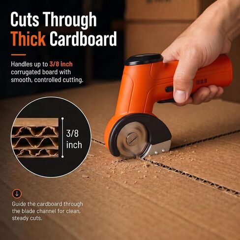 3/8" Heavy Duty Electric Cardboard Cutter for Thick Box Cutting, Unboxing & DIY, Safety Lock, Lightweight One-Handed Cordless Scissors for Weak Wrists, 2600mAh Battery, Replacement Blade, Orange in Kuwait