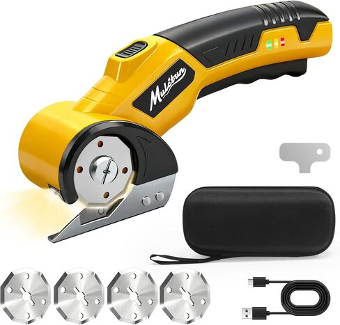 Mulctun Electric Box Cutter with 4 Safety Blades,Storage Bag,Cardboard Cutter with Safety Lock,Led Light,4V 2000mAh Cordless Electric Scissors for Carton Carpet Fabric Leather（Dark Blue） in Kuwait