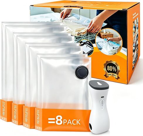 16 Pack Vacuum Bags for Travel with pump Vacuum Storage bags for clothing | Rechargeable Inflation & Deflation Dual Use Reusable Space Saver Bags cordless travel vacuum bag set for Luggage and Suitcase in Kuwait