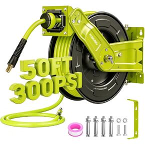 Retractable Air Hose Reel, 3/8" x 50ft Hybrid Air Hose Max 300PSI, Heavy Duty Steel Auto Rewind, Wall & Ceiling Mount, for Garage,Workshop,Garden in Kuwait