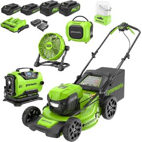 مجموعة أدوات ساحة لاسلكية عالية الأداء من Greenworks 48V (24V x 2): جزازة عشب ذاتية الدفع 21 بوصة، ماكينة تشذيب ومنفاخ 12 بوصة، مع 3 بطاريات وشواحن 2 in Kuwait