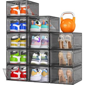 Sturdy Clear Shoe Organizer with Magnetic Door, Stackable Shoe Storage Box | Thick Plastic Shoe Storage for Sneakers & Boots, Collapsible Closet Shoe Rack and Clear Shoe Box, 6 Pack White in Kuwait