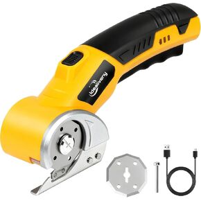 Cordless Electric Power Shears - 4V Lightweight Rotary Cutter for Cardboard, Leather, Plastic, Carpet | with 2 Blades, LED Light, Safety Lock for DIY & Crafting,Yellow in Kuwait