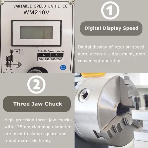 Mini Lathe Metal Bench Machine 900W, 50-2500 RPM Variable Speed, 38mm Spindle Through Hole, 125mm Chuck Diameter for Precision Model Processing and Sample Creation in Kuwait