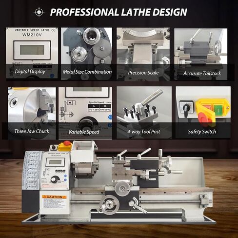 Mini Lathe Metal Benchtop Machine, 50-2500 RPM Variable Speed, 38mm Spindle Through Bore,for Precision Model Machining and Prototyping in Kuwait