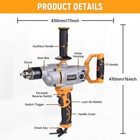 Hoteche 1200W 16MM Mixer Drill, Variable Speed Corded Drill with Reversible Function for Drilling & Mixing, Yellow, Color Box Packaging in Kuwait