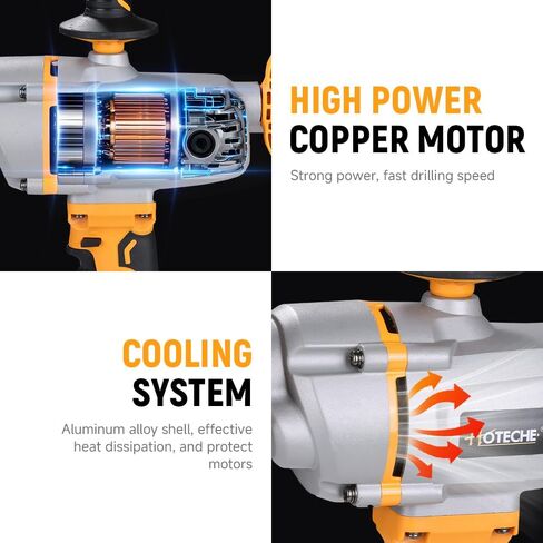 Hoteche 1200W 16MM Mixer Drill, Variable Speed Corded Drill with Reversible Function for Drilling & Mixing, Yellow, Color Box Packaging in Kuwait