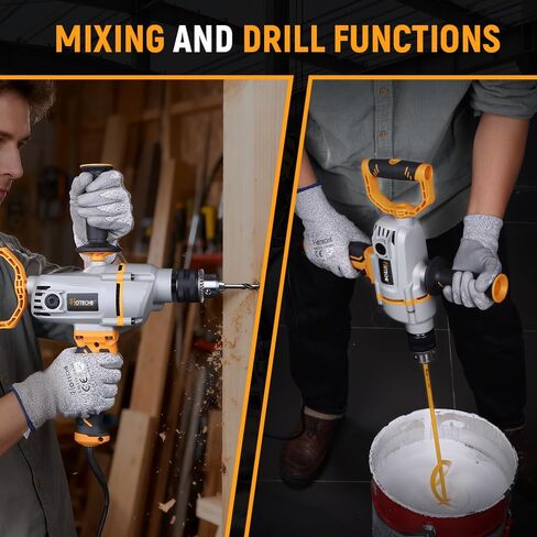 Hoteche 1200W 16MM Mixer Drill, Variable Speed Corded Drill with Reversible Function for Drilling & Mixing, Yellow, Color Box Packaging in Kuwait