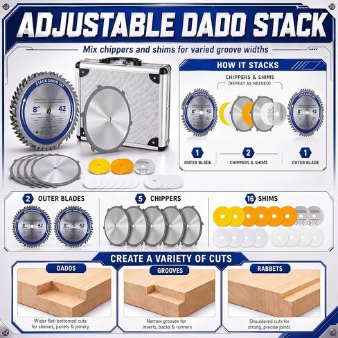 Hicarer 8" 42T Stacked Dado Blade Set with 5/8" Arbor 24 Pieces dado Blades | Compatible with 10 inch table saws adjustable cutting width fine finish for dados, grooves, rabbets, woodworking projects in Saudi Arabia