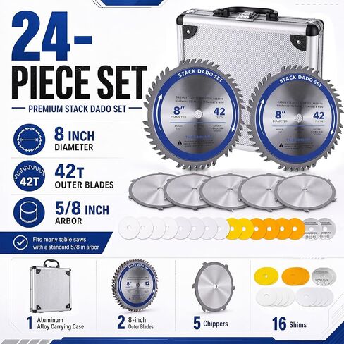 Hicarer 8" 42T Stacked Dado Blade Set with 5/8" Arbor 24 Pieces dado Blades | Compatible with 10 inch table saws adjustable cutting width fine finish for dados, grooves, rabbets, woodworking projects in Saudi Arabia