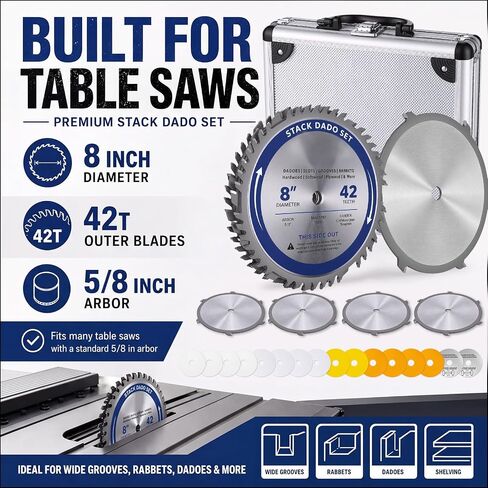 Hicarer 8" 42T Stacked Dado Blade Set with 5/8" Arbor 24 Pieces dado Blades | Compatible with 10 inch table saws adjustable cutting width fine finish for dados, grooves, rabbets, woodworking projects in Saudi Arabia