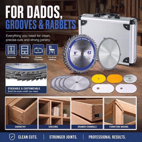 Hicarer 8" 42T Stacked Dado Blade Set with 5/8" Arbor 24 Pieces dado Blades | Compatible with 10 inch table saws adjustable cutting width fine finish for dados, grooves, rabbets, woodworking projects in Saudi Arabia