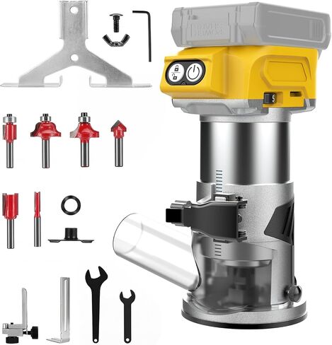 Cordless Router Compatible with Dewalt 20V Battery(No Battery) | Wood Router with Brushless Motor, 5 Speed, 28000RPM, Fixed Base, 6PCS Router Bits for Woodworking, Edge Trimming, Grooving in Kuwait