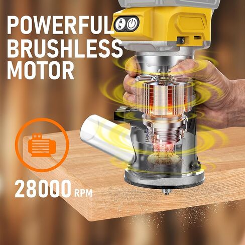 Cordless Router Compatible with Dewalt 20V Battery(No Battery) | Wood Router with Brushless Motor, 5 Speed, 28000RPM, Fixed Base, 6PCS Router Bits for Woodworking, Edge Trimming, Grooving in Kuwait