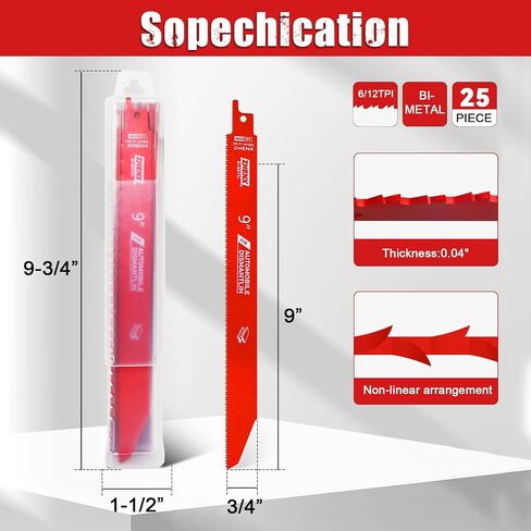25 Pack 9in 14/18 TPI Auto Dismantling Reciprocating Saw Blades for Metal | Bi-Metal Carbide Alloy Steel Sawzall Blades with 8% Cobalt for 1/16-5/16 Medium Metals,saw saw blades with Organizer in Kuwait