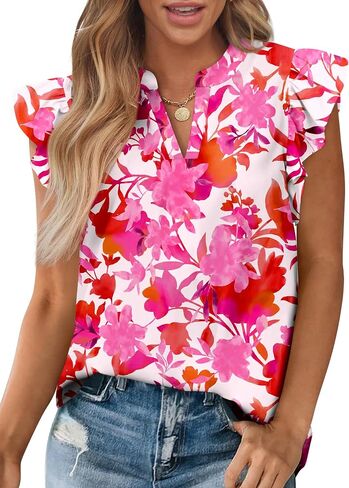 Zenlonr Womens Dressy Casual Tops 2026 Summer Ruffle Cap Sleeve V Neck Shirts Boho Floral Blouses Vacation Outfits in Saudi Arabia