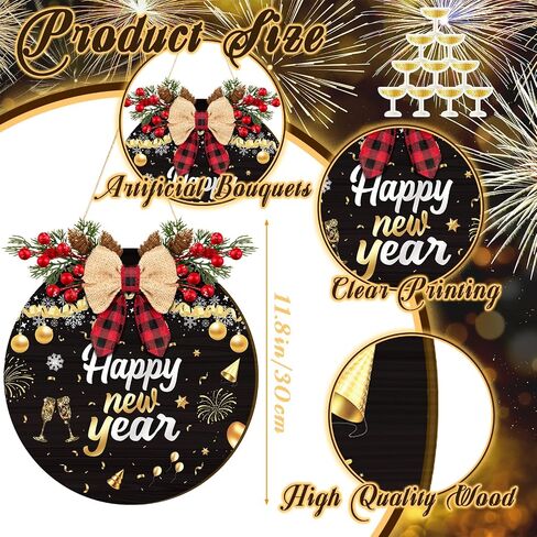 11.8 Inch Happy New Year Door Sign with Bow Rustic Round Wood Wreaths Front Door Hanging Sign for Christmas Door Wall Decoration (New Year-1) in Saudi Arabia