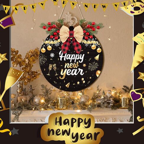 11.8 Inch Happy New Year Door Sign with Bow Rustic Round Wood Wreaths Front Door Hanging Sign for Christmas Door Wall Decoration (New Year-1) in Saudi Arabia