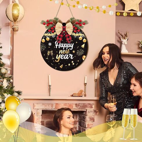11.8 Inch Happy New Year Door Sign with Bow Rustic Round Wood Wreaths Front Door Hanging Sign for Christmas Door Wall Decoration (New Year-1) in Saudi Arabia